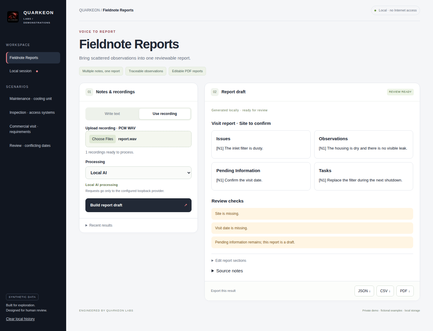 Captura de la interfaz de Fieldnote Reports